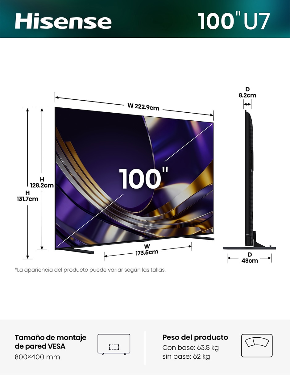 Pantalla Smart TV Mini LED 100 pulgadas 4K/UHD 100U7SG con Android TV con AI Smooth Motion