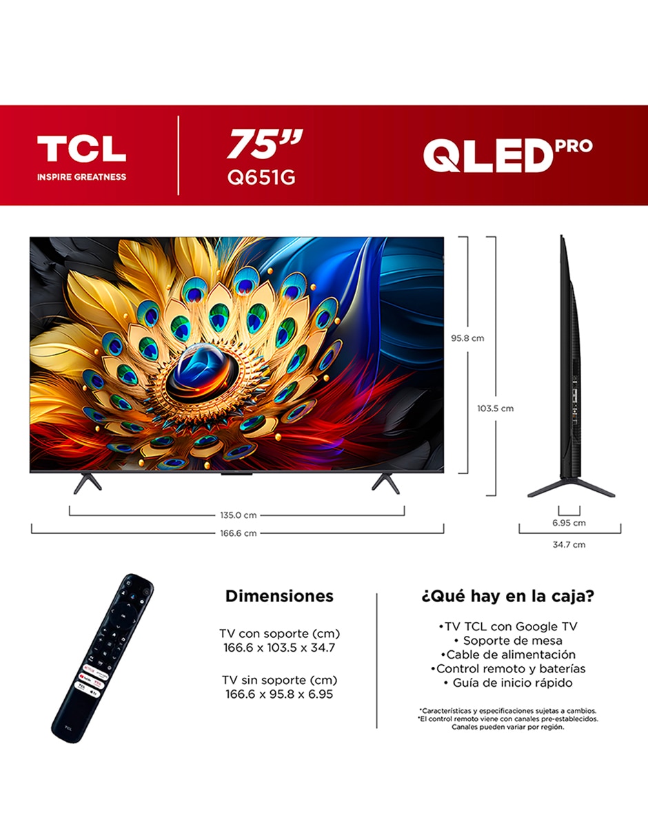 Pantalla Smart TV QLED de 75 pulgadas 4K/UHD 75Q651G con Google TV 8