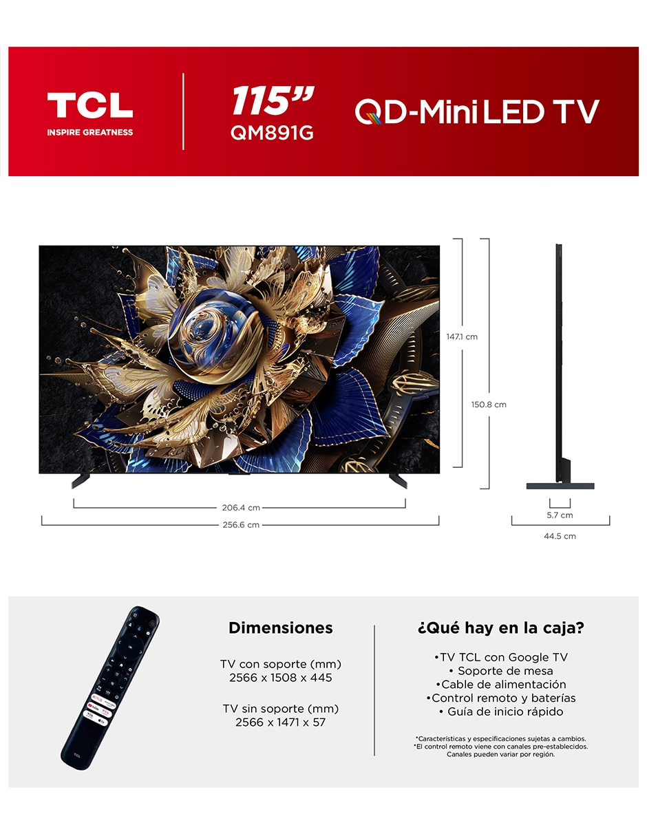 Pantalla smart tv qd mini led de 115 pulgadas 4k/uhd 115qm891g con google tv 15