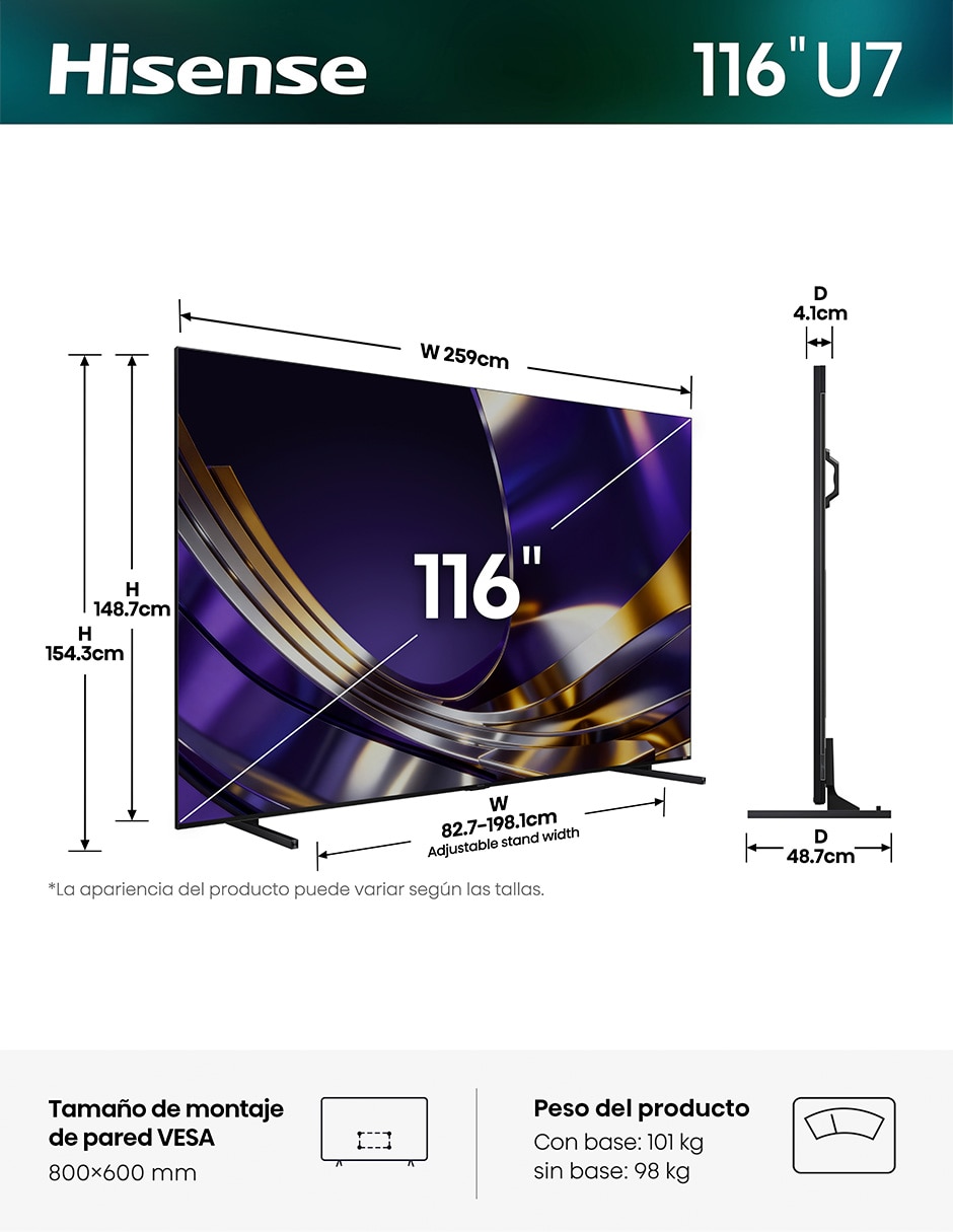 Pantalla Smart TV Mini LED 115 pulgadas 4K/UHD 116U7SG con Google TV con AI Smooth Motion
