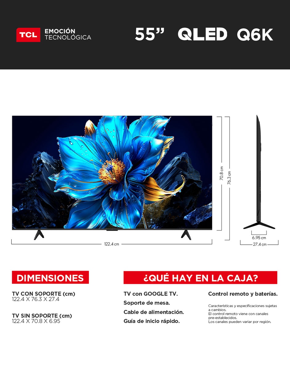 Pantalla smart tv qled de 55 pulgadas 4k/uhd 55q6k con google tv 9