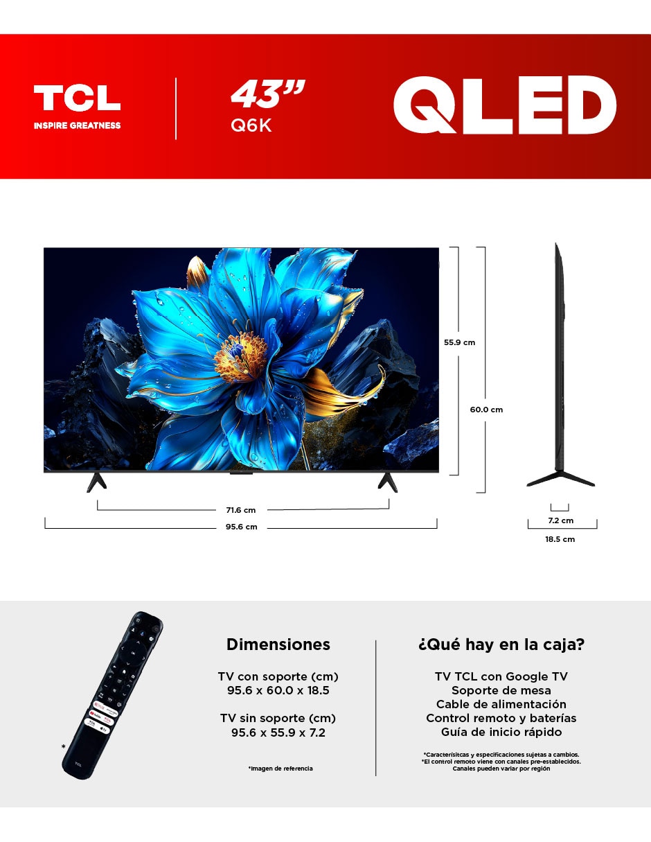 Pantalla Smart TV QLED de 43 pulgadas 4K/UHD 43Q6K con Google TV 6