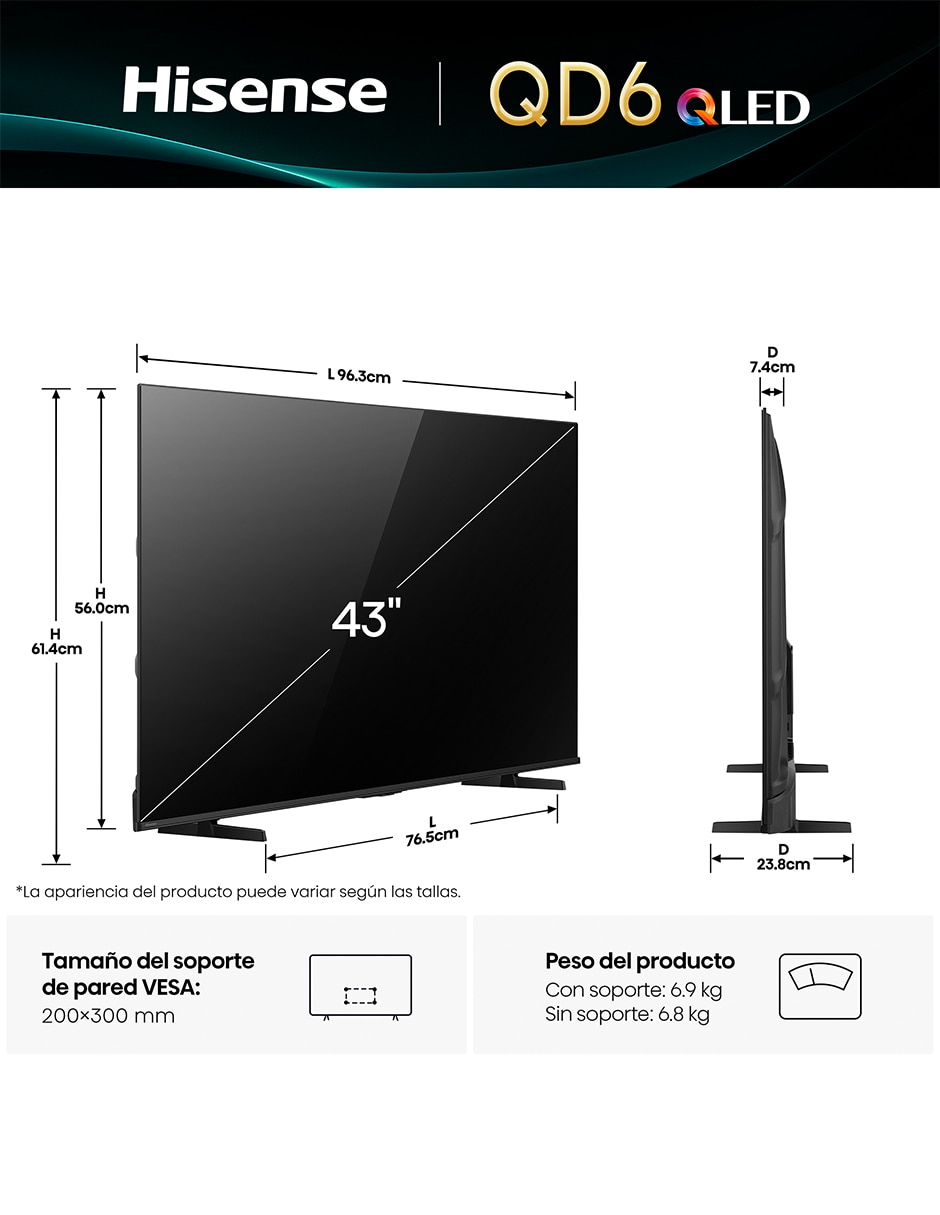 Pantalla Smart TV QLED de 43 pulgadas 4K 43QD6QV con AI Smooth Motion 16