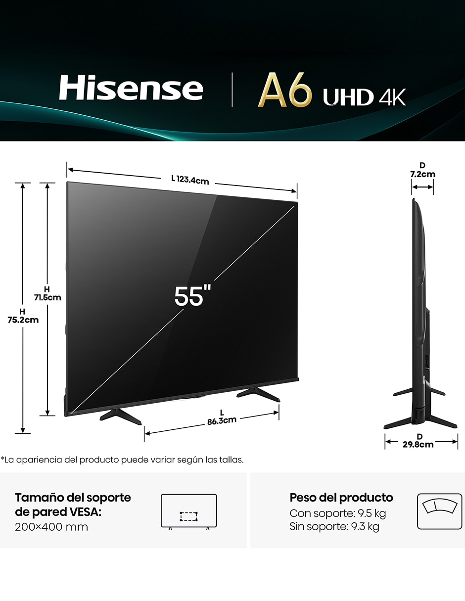 Pantalla Smart TV Hisense LED de 55 pulgadas 4K/UHD 55A65NV con AI Sports Mode
