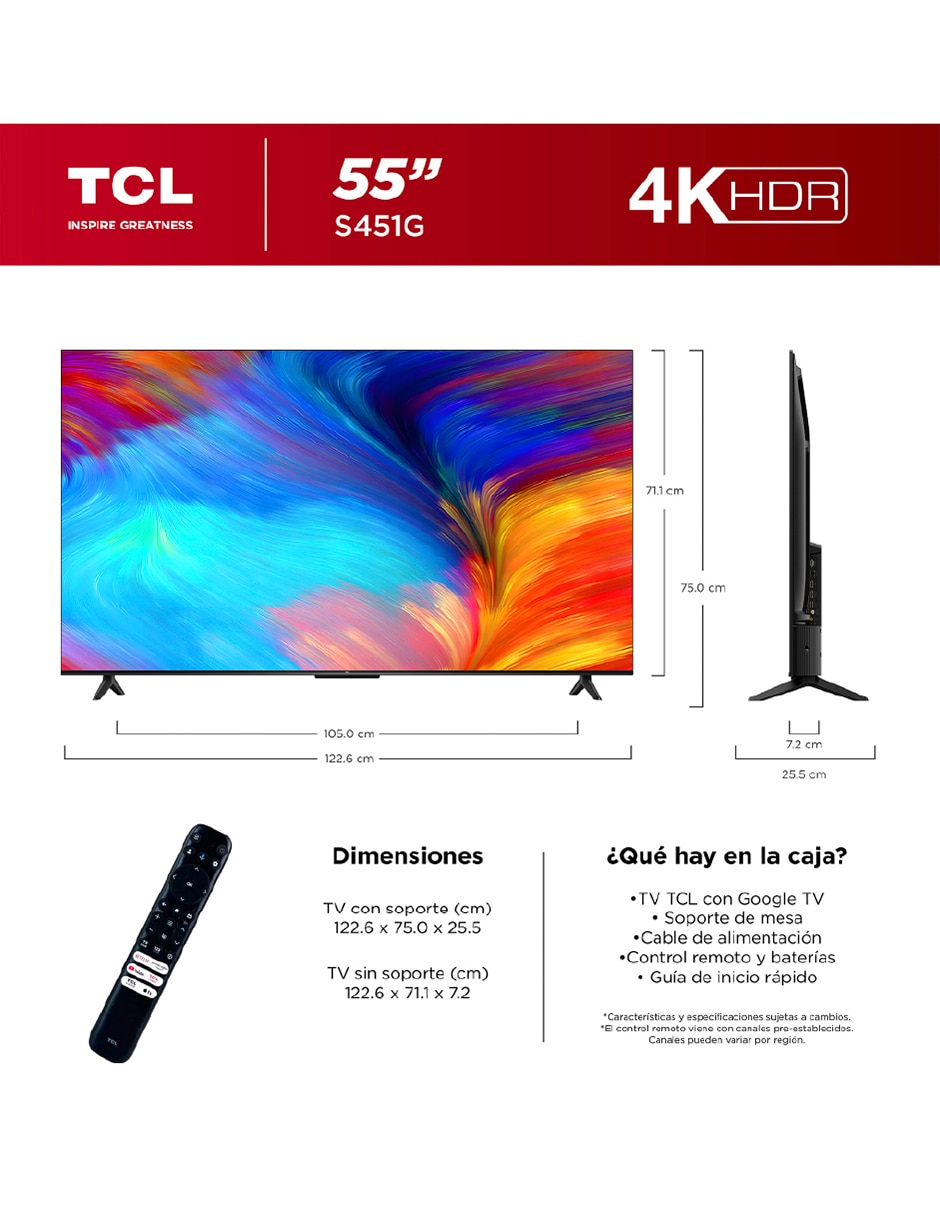 Pantalla Smart TV LED de 55 pulgadas 4K/UHD 55S451G con Google TV 10