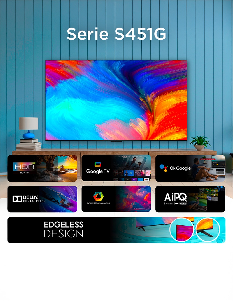 Pantalla Smart TV LED de 55 pulgadas 4K/UHD 55S451G con Google TV 3