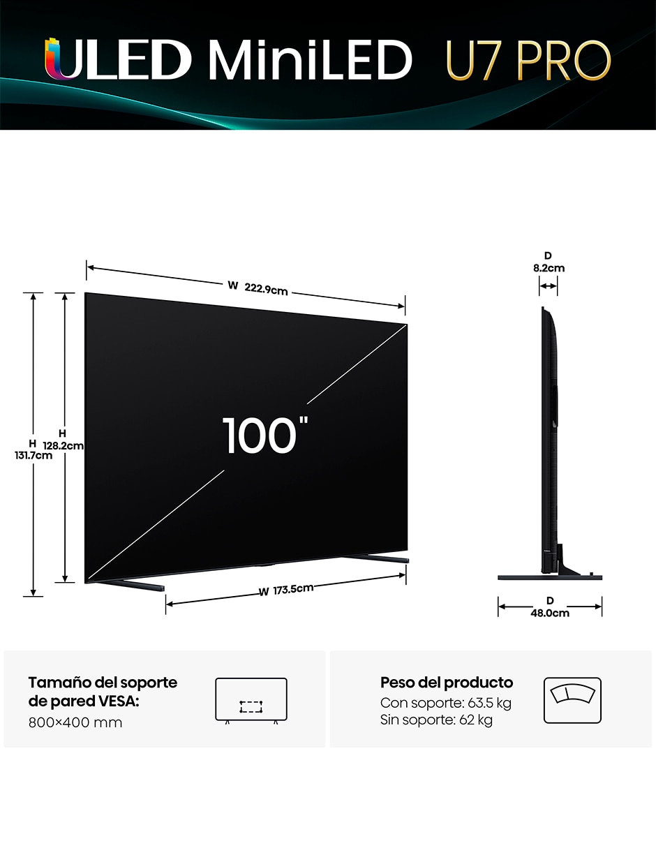 Pantalla Smart TV Hisense QD- mini LED de 100 pulgadas 4K/UHD 100U7QG Pro con Google TV con AI Picture