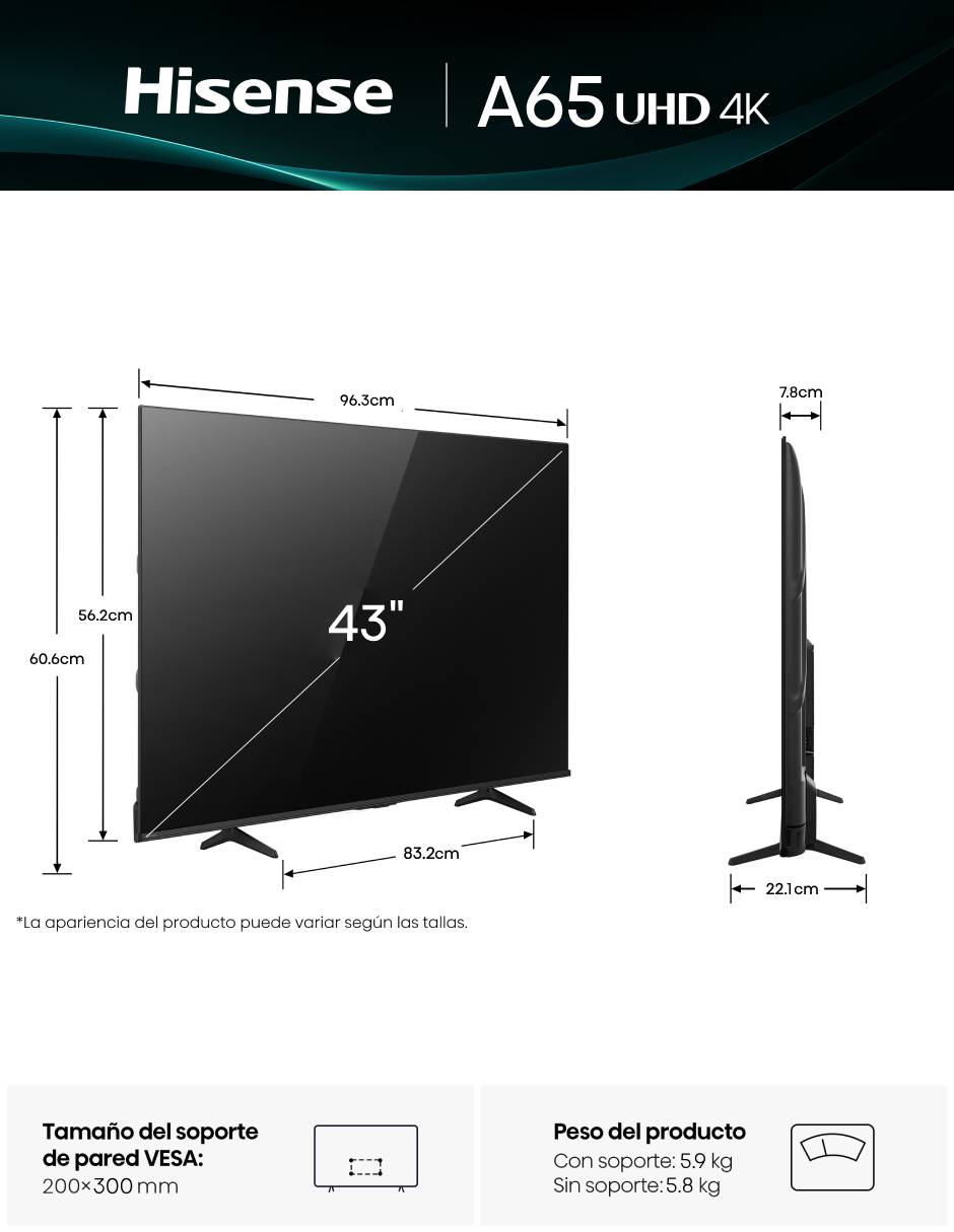 Pantalla Smart TV Hisense LED de 43 pulgadas 4K/UHD 43A65NV con AI Sports Mode