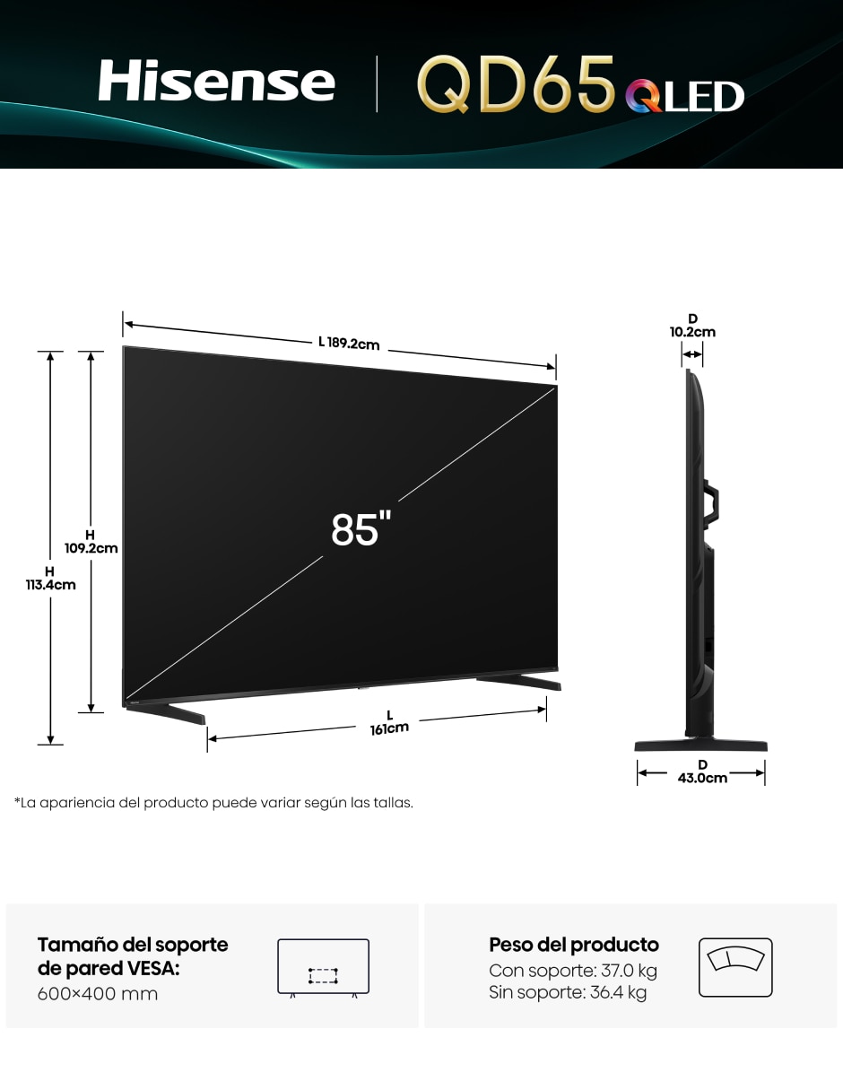 Pantalla Smart TV Hisense QLED de 85 pulgadas 4K/UHD 85QD65QV con AI Smooth Motion