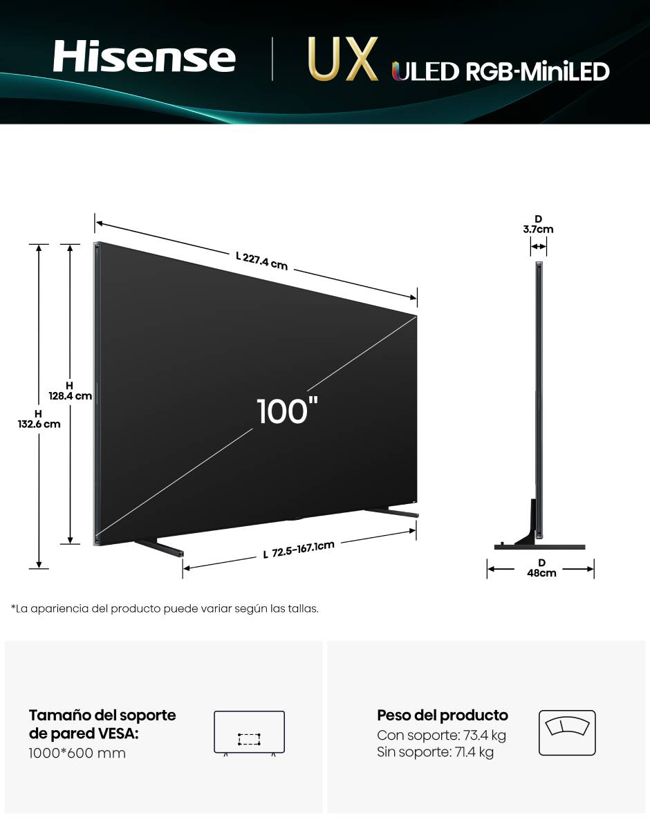 Pantalla Smart TV Hisense Mini LED de 100 pulgadas 4K/UHD 100UX con Google TV con Hi-View AI Engine X
