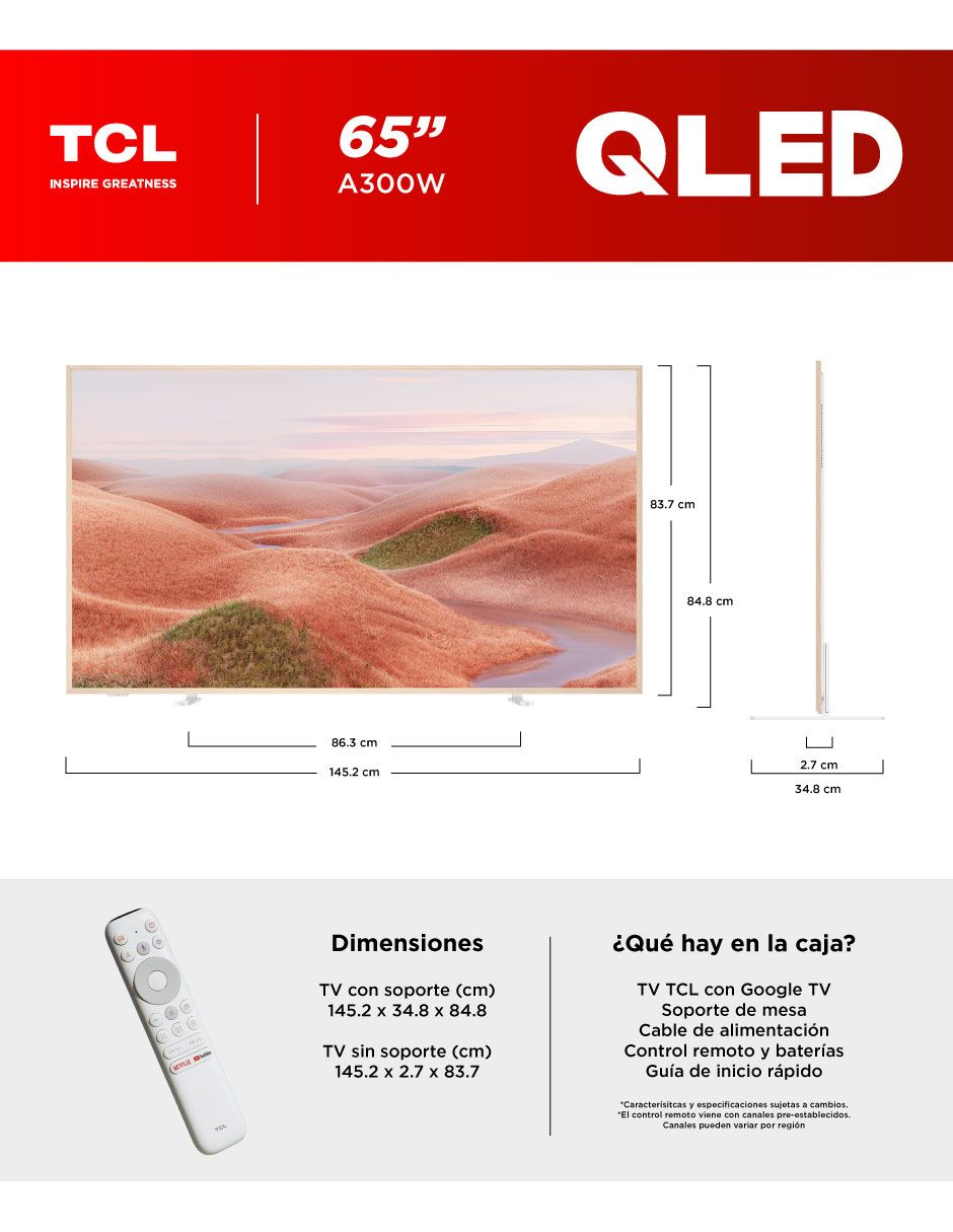 Pantalla Smart TV QLED de 65 pulgadas 4K/UHD 65A300W con Google TV 4