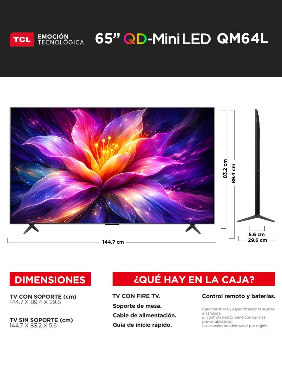 Pantalla Smart TV de 65 pulgadas QD- mini LED de 4K/UHD 65QM64L con Fire OS 13