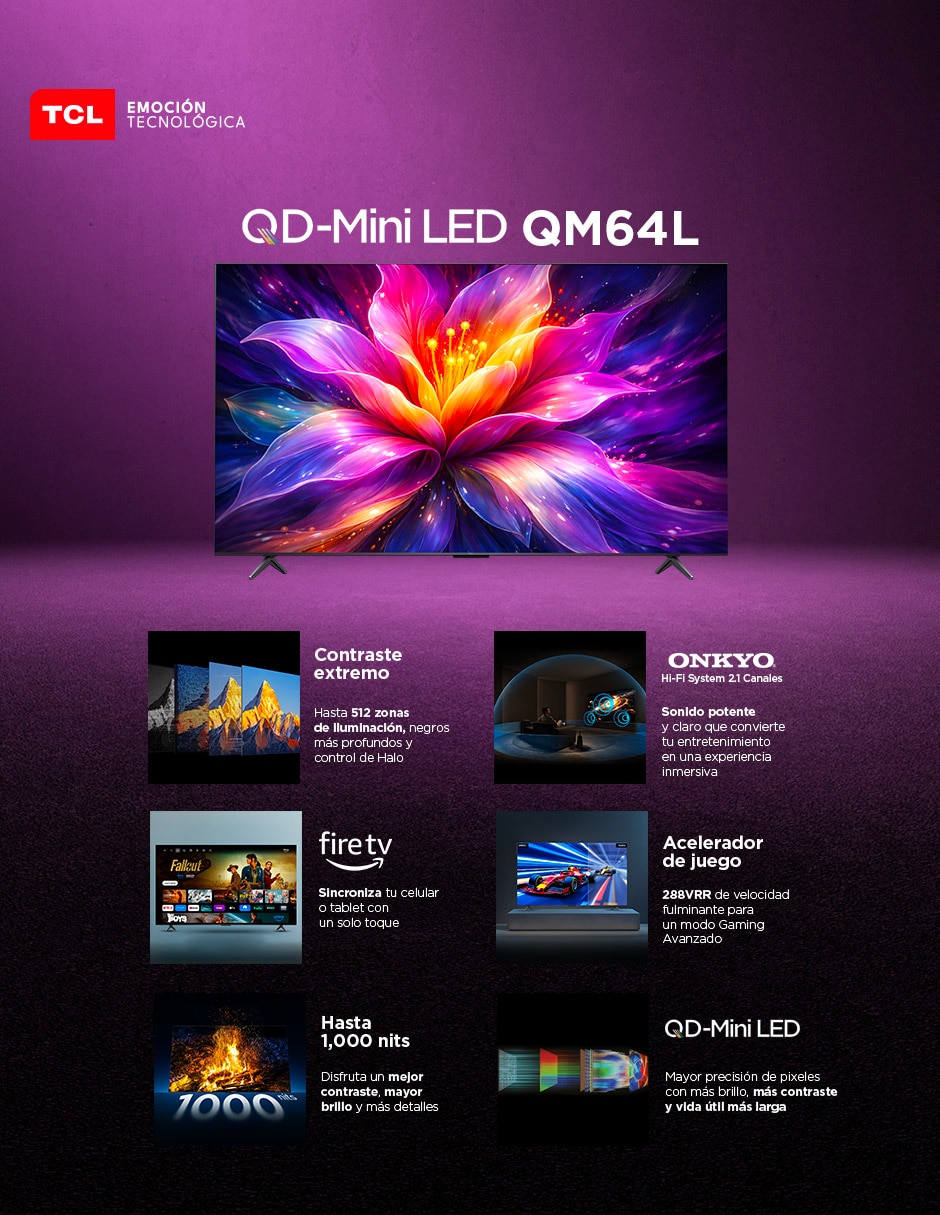 Pantalla Smart TV TCL QD- mini LED de 55 pulgadas 4K/UHD 55QM64L con Fire OS