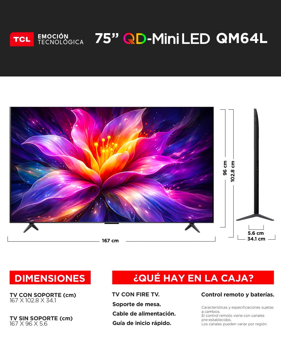 Pantalla Smart TV TCL QD- mini LED 75 pulgadas 4K/UHD 75QM64L con Fire OS