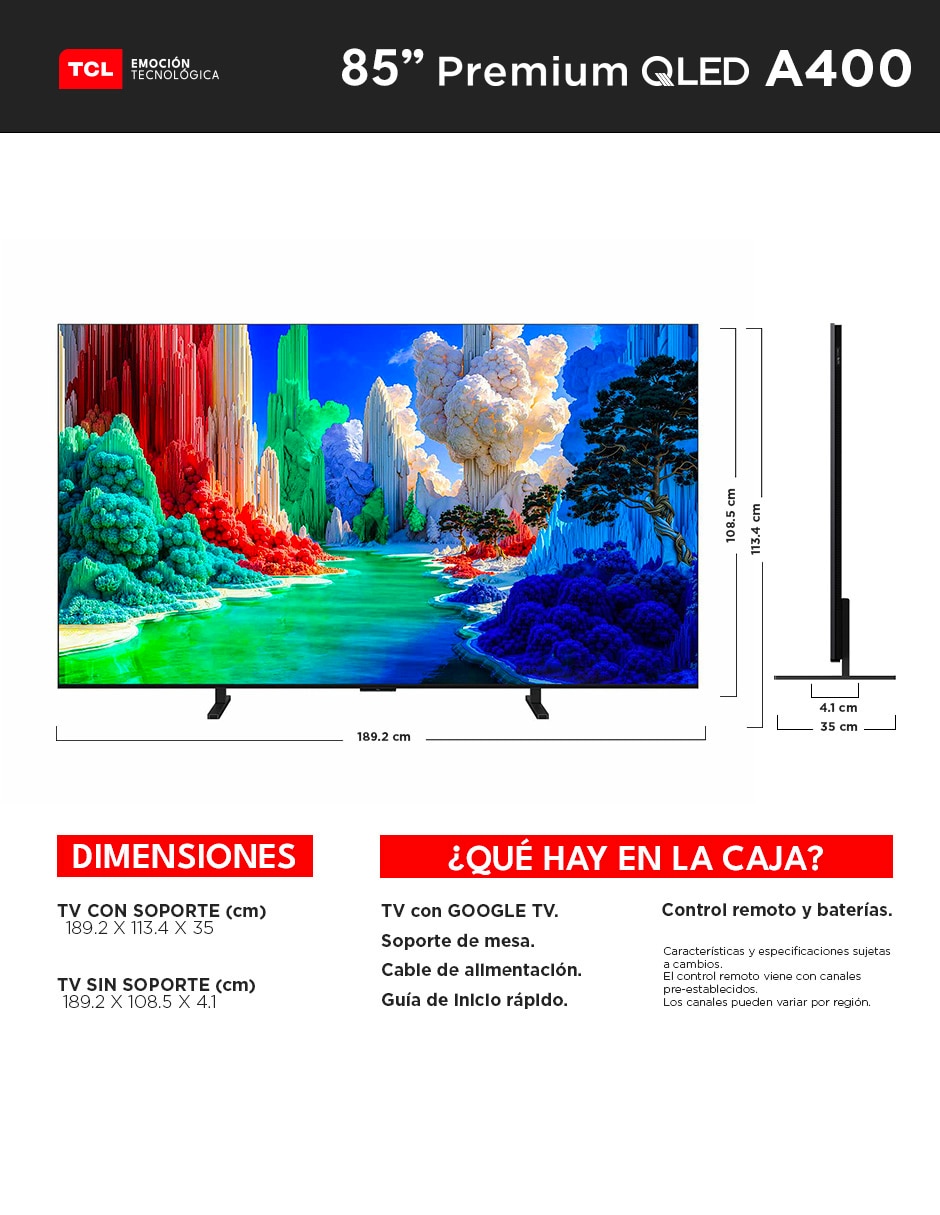 Pantalla Smart TV Tcl QLED de 85 pulgadas 4K/UHD 85A400 con Google TV