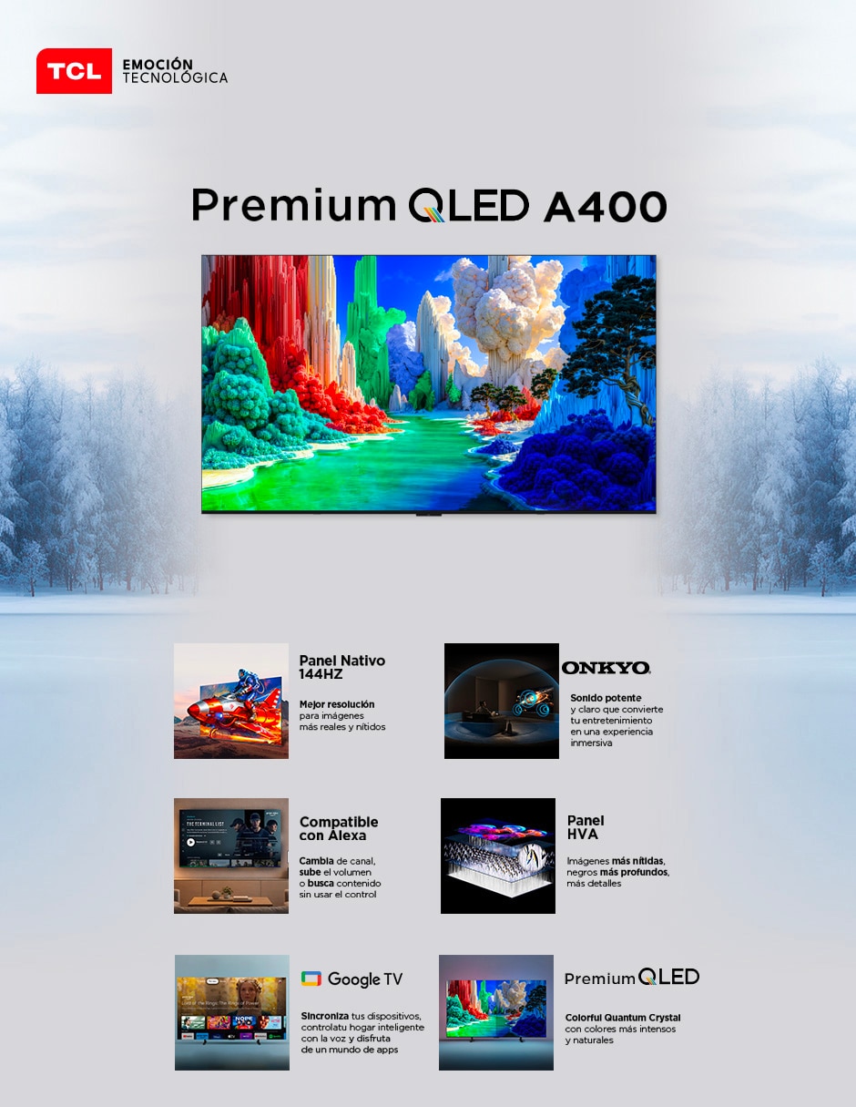 Pantalla Smart TV Tcl QLED de 85 pulgadas 4K/UHD 85A400 con Google TV