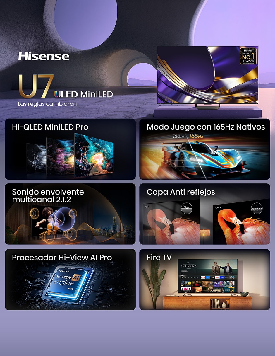 Pantalla Smart TV QD- mini LED de 75 pulgadas 4K/UHD 75U7SFM con Fire OS con AI Smooth Motion 3