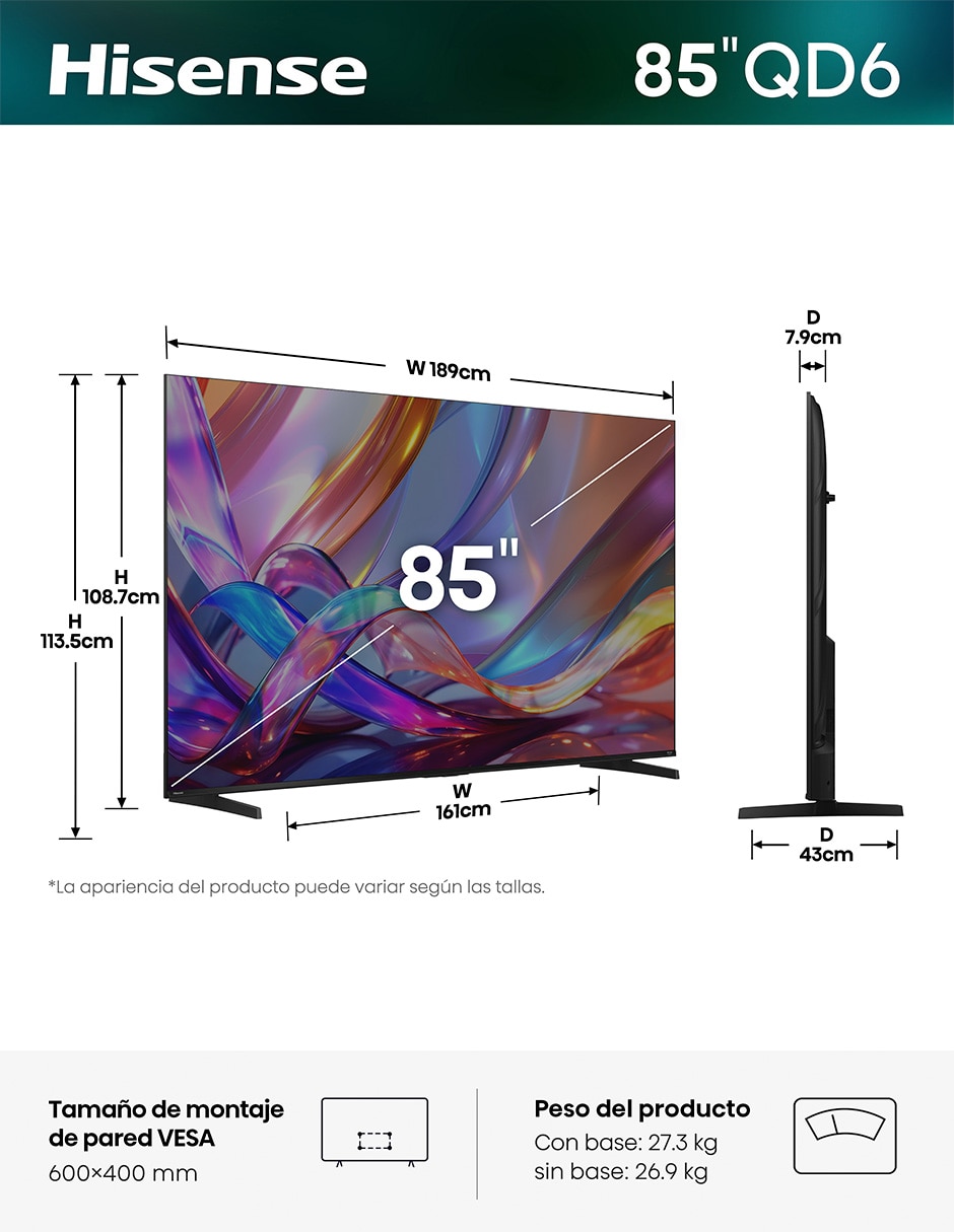 Pantalla Smart TV Hisense QLED de 85 pulgadas 4K/UHD 85QD6SFM con Fire OS con AI Smooth Motion