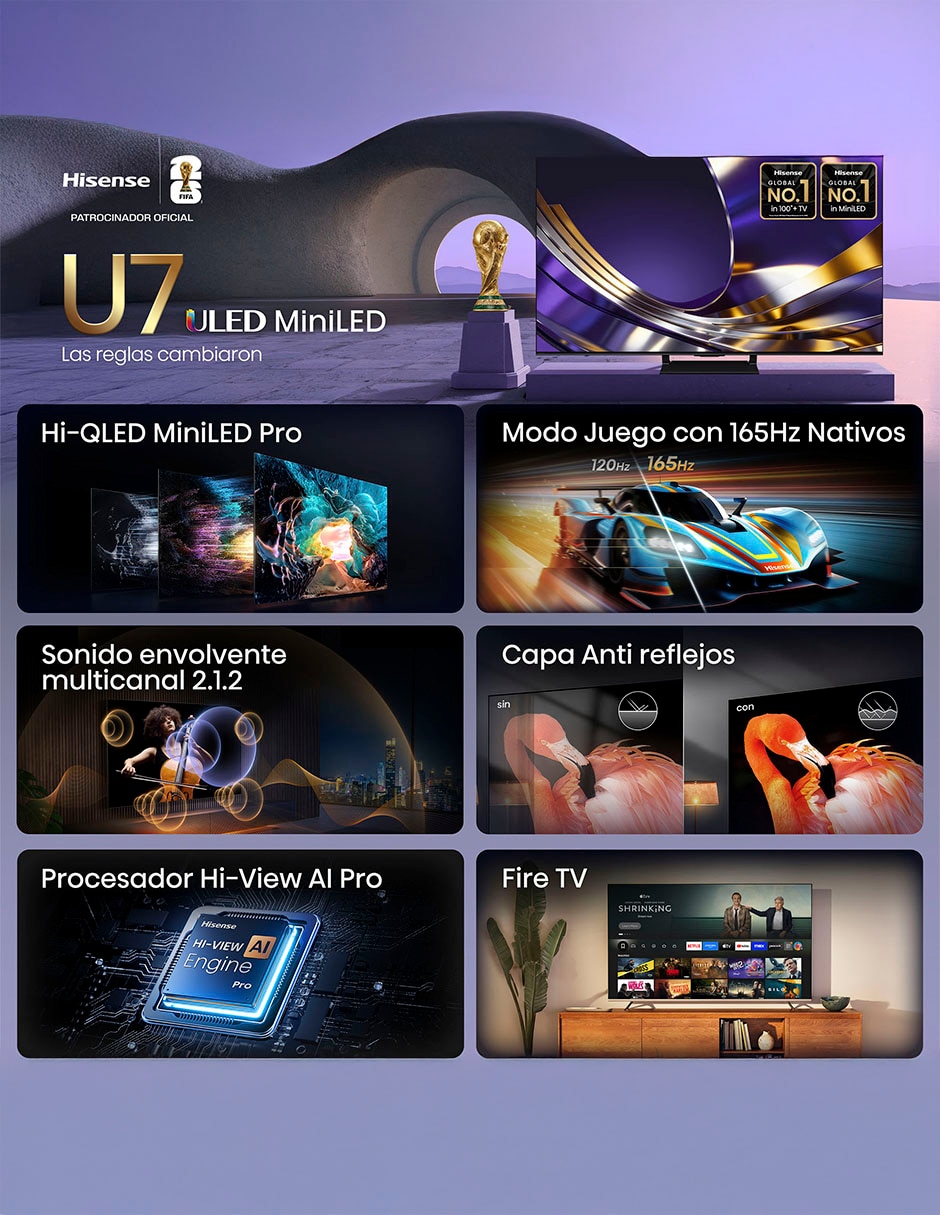 Pantalla Smart TV Hisense Mini LED 65 pulgadas 4K/UHD 65U7SFM con AI Smooth Motion