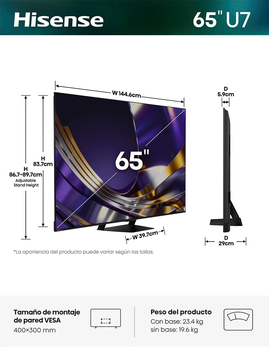 Pantalla Smart TV Hisense Mini LED 65 pulgadas 4K/UHD 65U7SFM con AI Smooth Motion