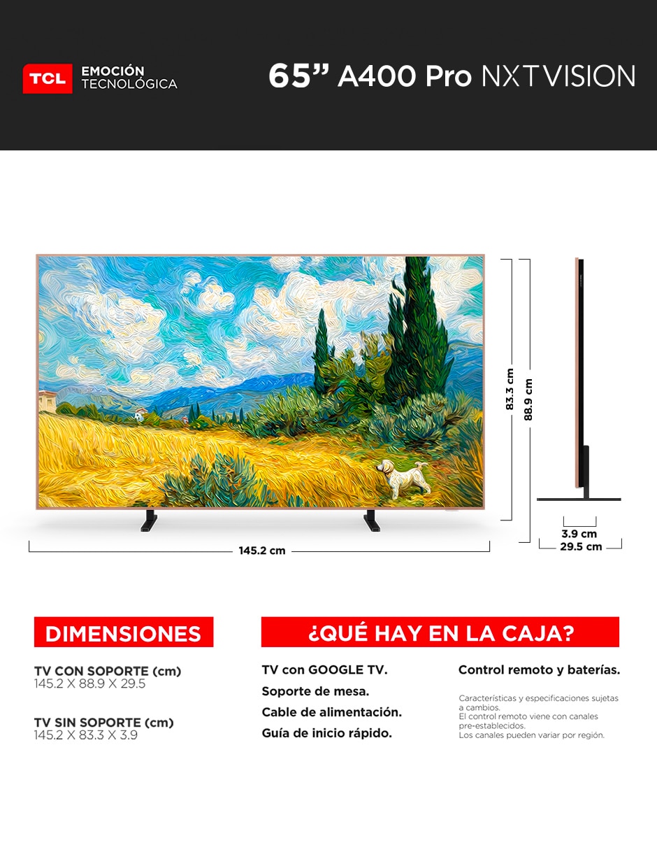 Pantalla Smart TV Tcl QD- mini LED de 65 pulgadas 4K/UHD 65A400 Pro con Google TV