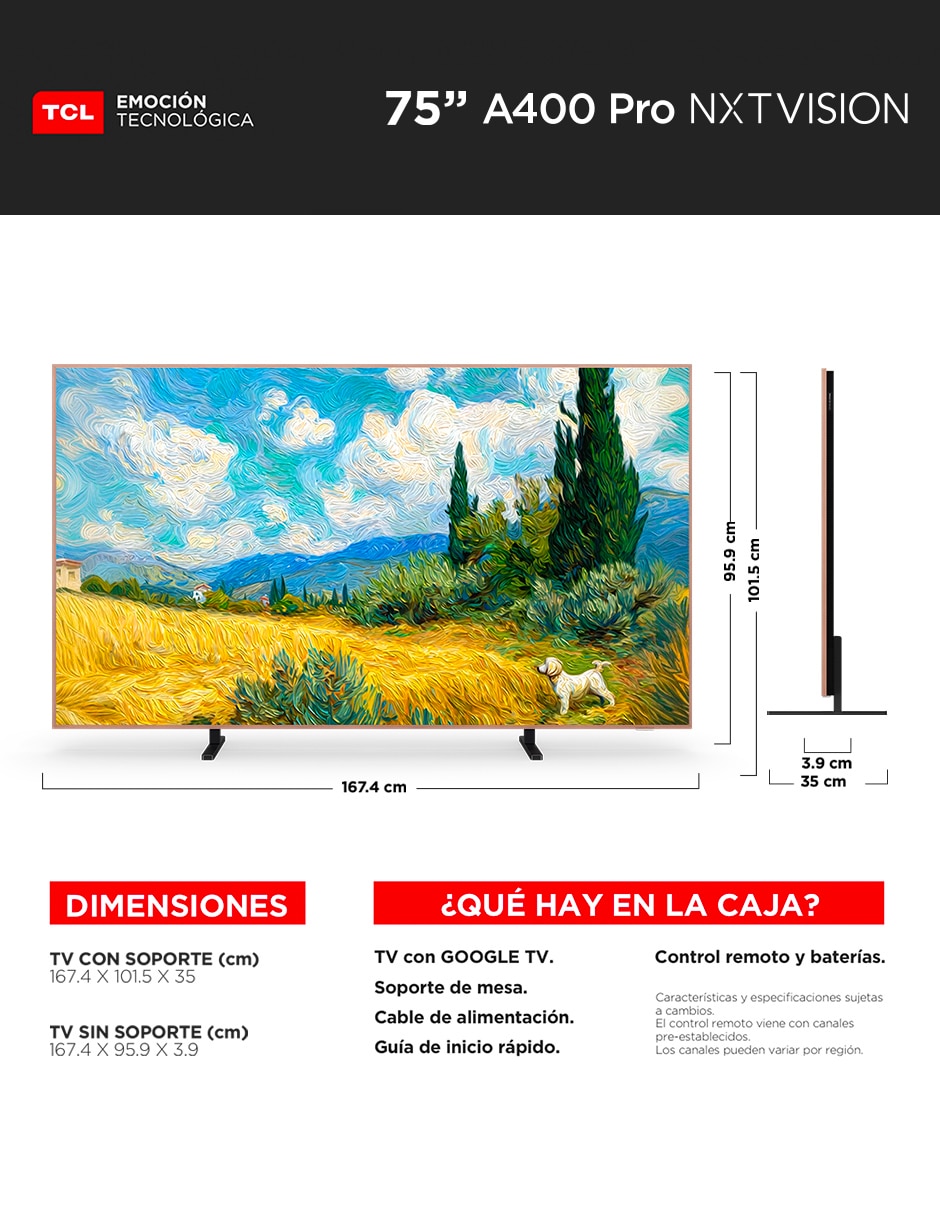 Pantalla Smart TV Tcl QD- mini LED de 75 pulgadas 4K/UHD 75A400 Pro con Google TV