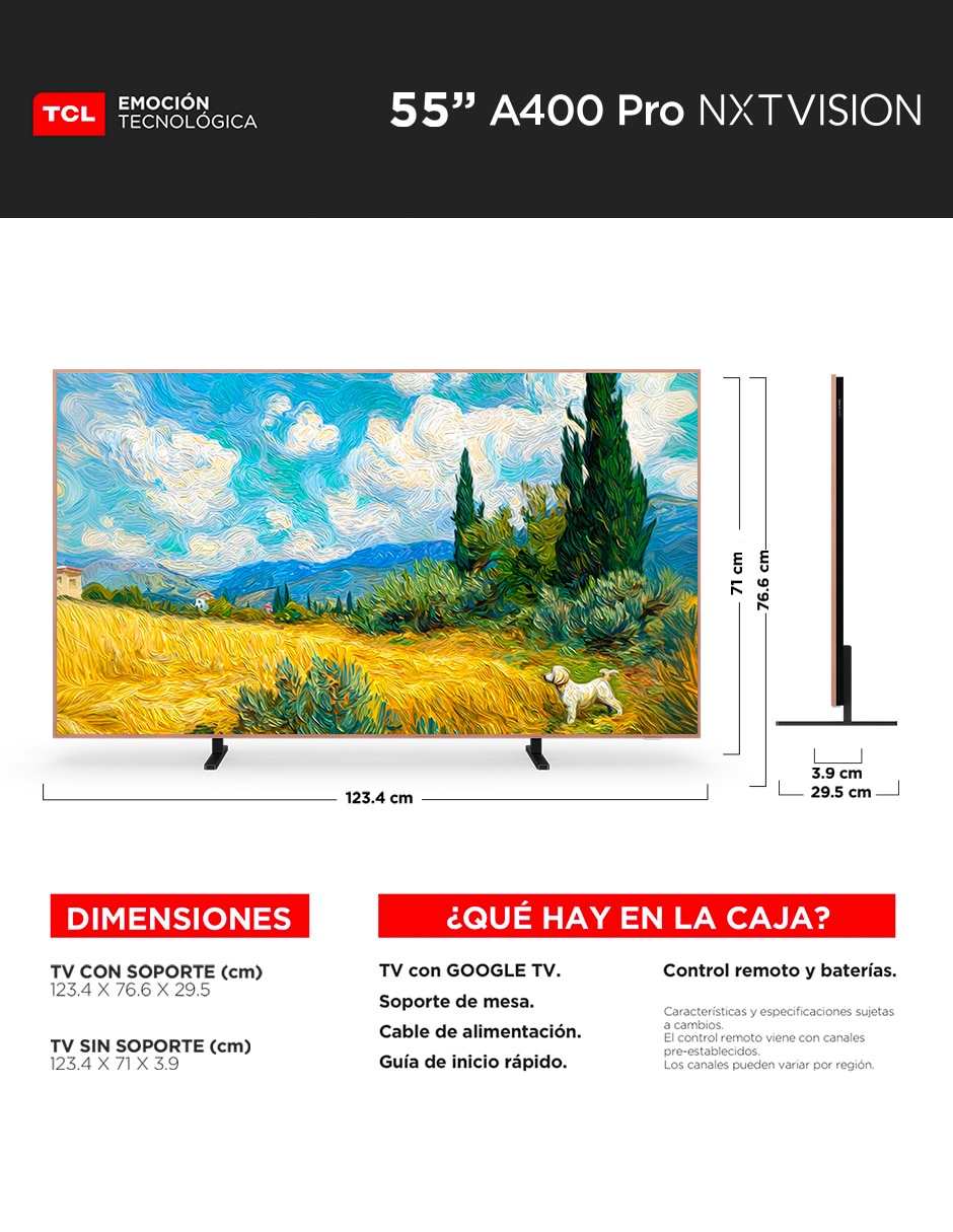 Pantalla Smart TV Tcl QD- mini LED de 55 pulgadas 4K/UHD 55A400 PRO con Google TV