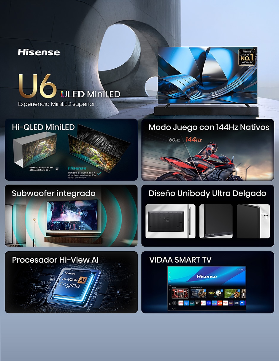 Pantalla Smart TV Mini LED de 55 pulgadas 4K/UHD 55U6SV con Vidaa con AI Smooth Motion 3
