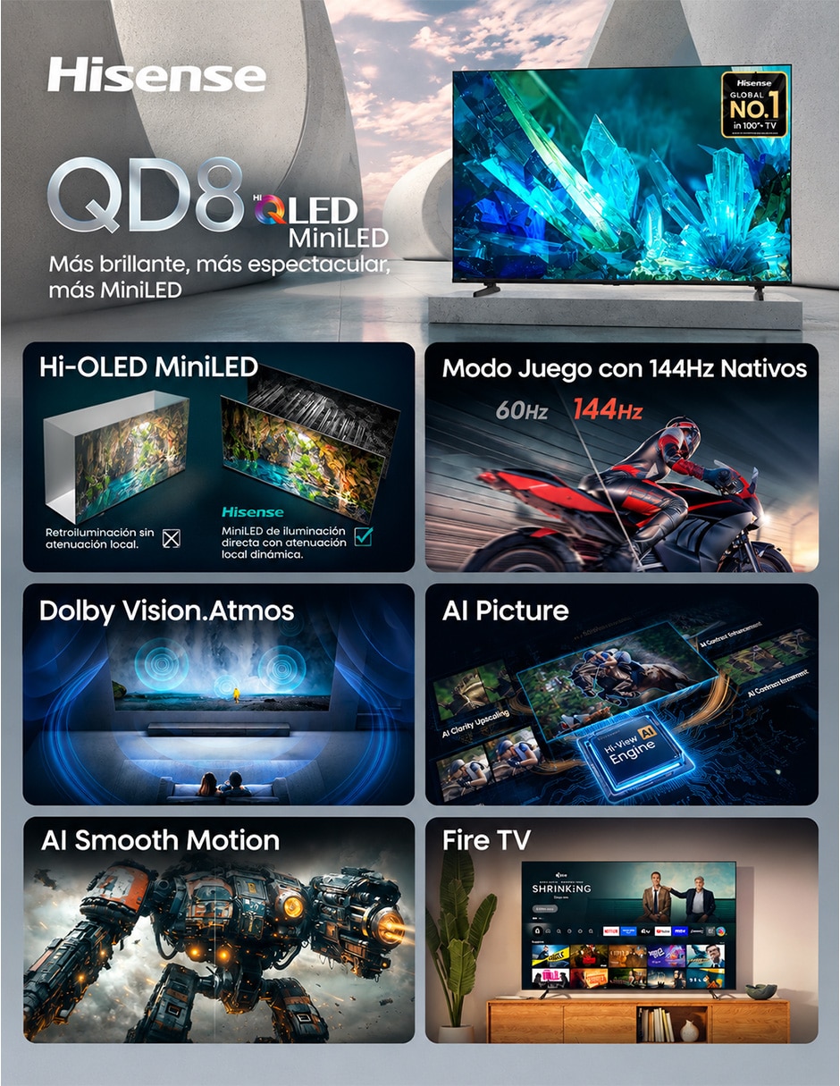 Pantalla Smart TV MiniLED QLED de 65 pulgadas 4K/UHD 65QD8SFM con Fire OS con AI Smooth Motion 3