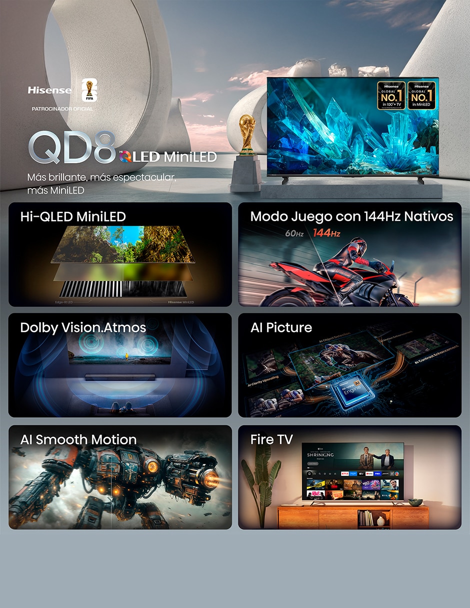 Pantalla Smart TV Hisense Mini LED 50 pulgadas 4K/UHD 50QD8SFM con AI Smooth Motion