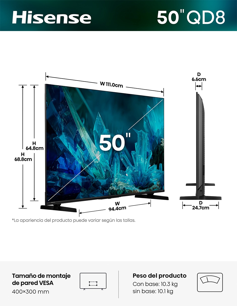 Pantalla Smart TV Hisense Mini LED 50 pulgadas 4K/UHD 50QD8SFM con AI Smooth Motion