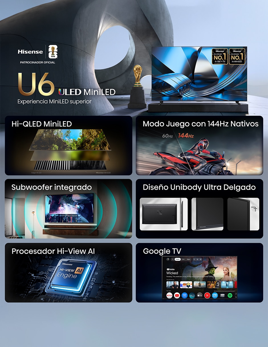 Pantalla Smart TV Mini LED 75 pulgadas 4K/UHD 75U6SV con Hi-View AI Engine X 2