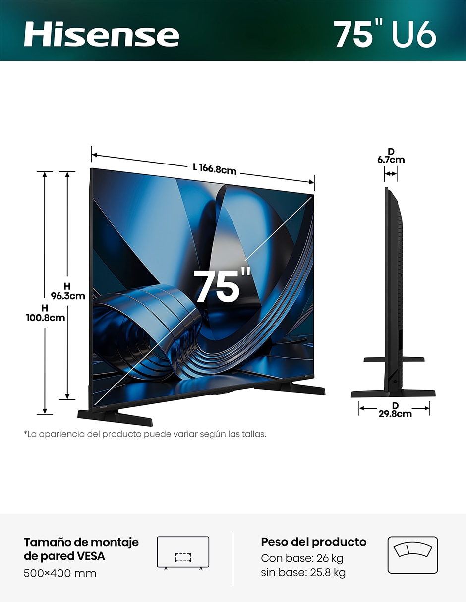 Pantalla Smart TV Mini LED 75 pulgadas 4K/UHD 75U6SV con Hi-View AI Engine X 16