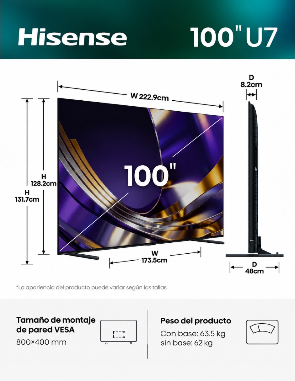 Pantalla Smart TV Mini LED de 100 pulgadas 4K/UHD 100U7SG con Android TV con AI Smooth Motion 2