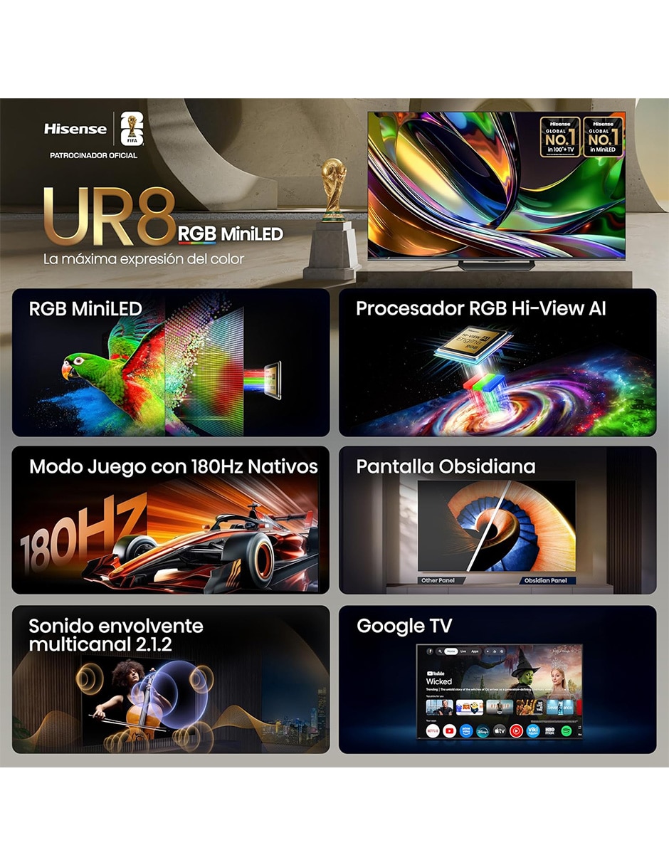 Pantalla smart TV Hisense Mini LED de 55 pulgadas de 4K 55UR8SG con Android TV con Hi-View AI Engine X
