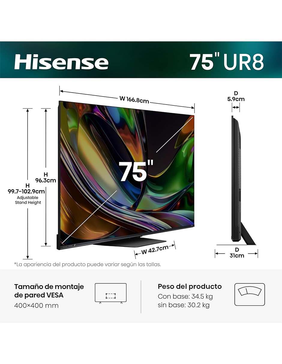 Pantalla Smart TV Mini LED de 75 pulgadas 4K 75UR8SG con Google TV con Hi-View AI Engine X