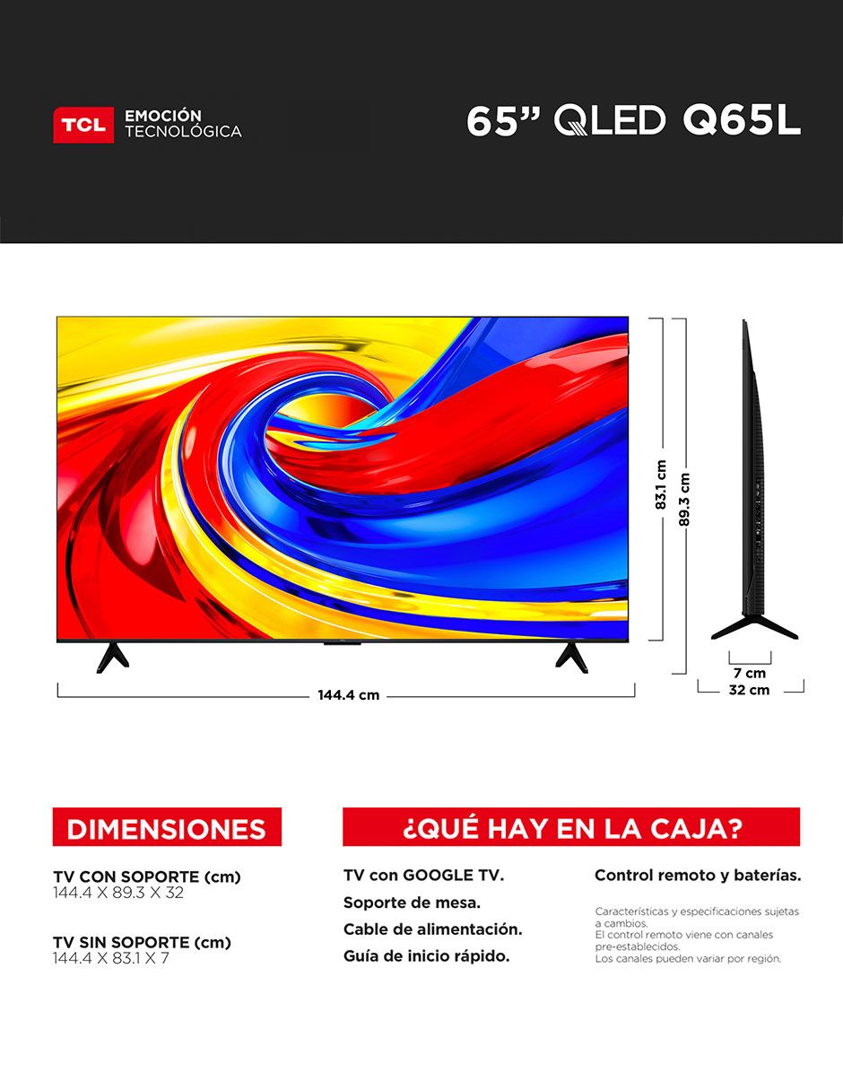 Pantalla Smart TV QLED de 65 pulgadas 4K/UHD 65Q65L con Google TV 15