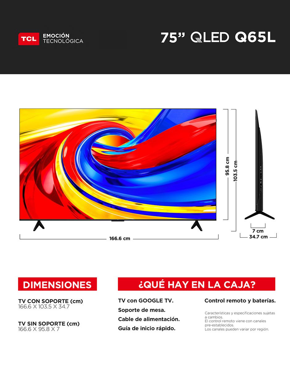 Pantalla Smart TV QLED de 75 pulgadas 4K/UHD 75Q65L con Google TV 15
