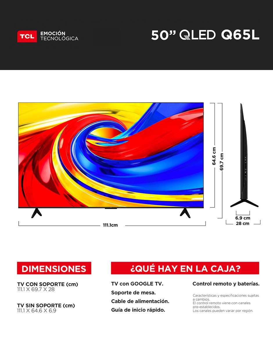 Pantalla smart TV Qled de 50 pulgadas 4K/UHD 50Q65L con Google TV 14