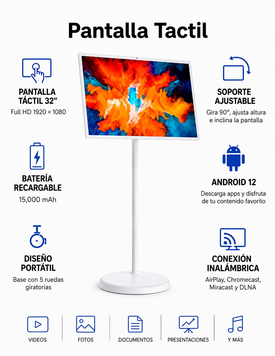 Pantalla Smart TV LED de Full HD Pantalla Inteligente Portátil LED 32 Pulgadas con Base con Android TV con No aplica 3