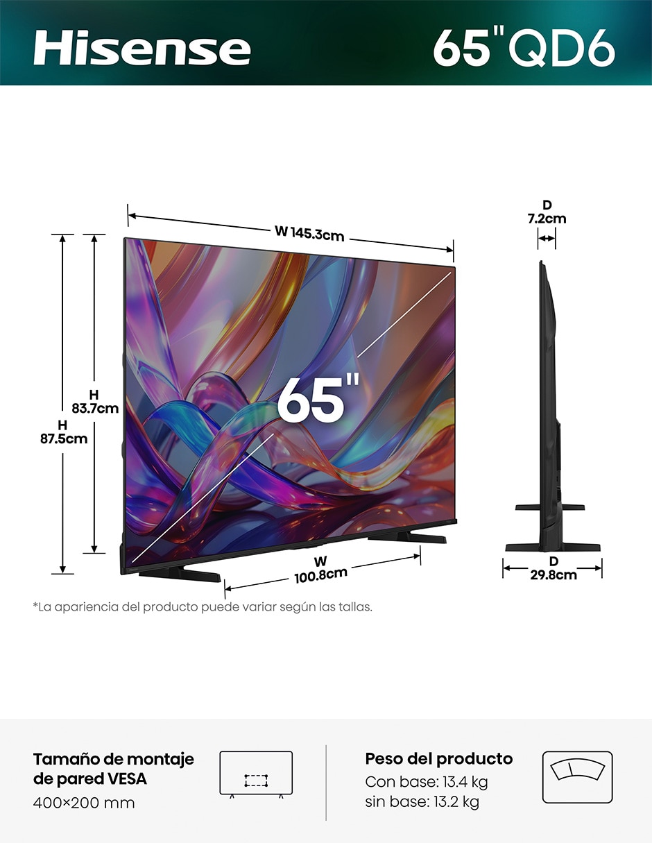 Pantalla Smart TV QLED 65 pulgadas 4K/UHD 65QD6SFM con AI Smooth Motion 16