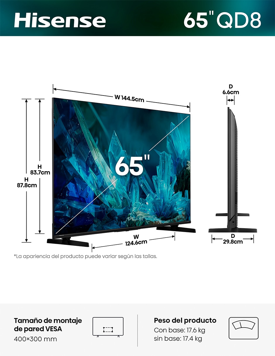 Pantalla Smart TV Hisense Mini LED QLED de 4K/UHD 65QD8SFM con Fire OS con AI Smooth Motion