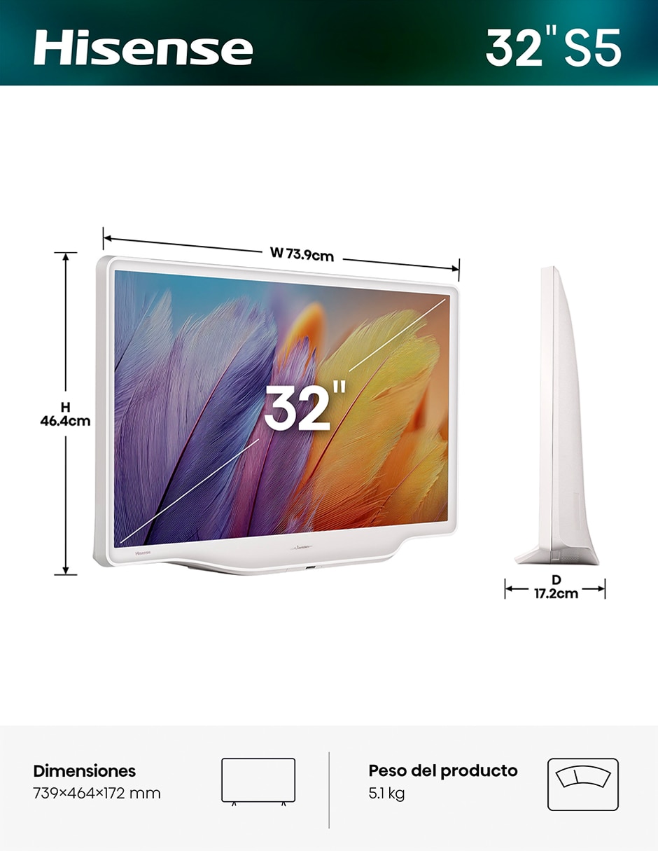 Pantalla Smart TV Hisense QLED de 32 pulgadas Full HD 32S5QFM con AI Escalado a 4K
